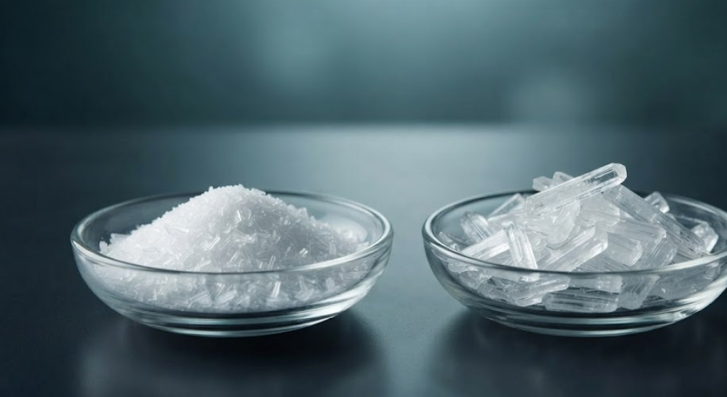 Comparison of magnesium glycinate and magnesium L-threonate crystals.