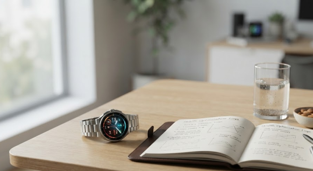 Biohacker workspace with health logs
