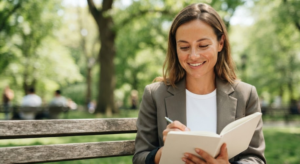 A young professional woman in a blazer smiling while sitting on a park bench during a sunny lunch break, writing in a notepad and bathed in natural daylight.