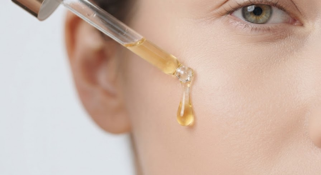Skincare dropper dispensing golden serum onto flawless skin
