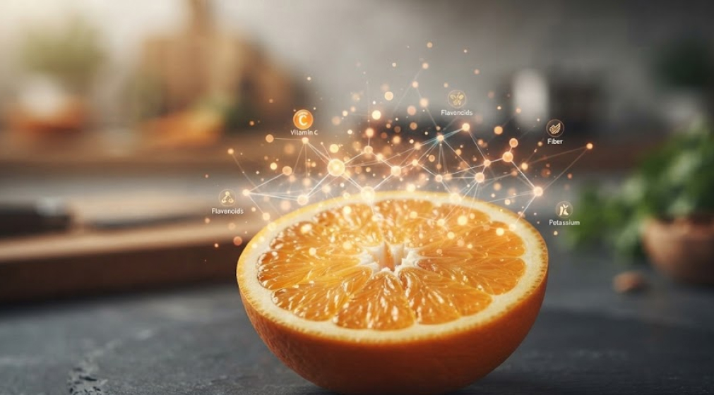 A macro photograph of a halved orange with a glowing, interconnected lattice of light particles rising from its segments, symbolizing nutrient synergy.