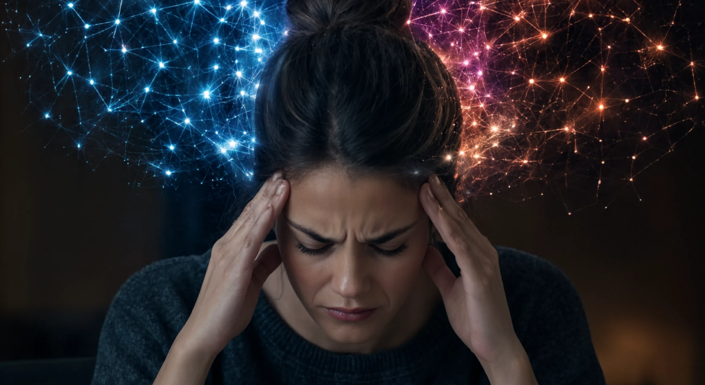 Person with brain fog and a glowing neural network cloud, representing mental vitamin deficiencies.