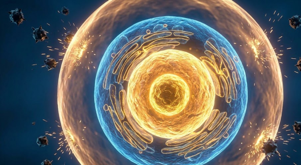 A healthy human cell generating a protective energy barrier to deflect incoming dark free radical particles.