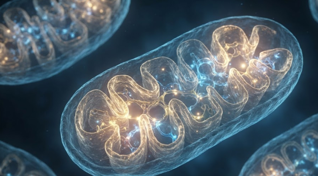 Conceptual macro visualization of human cellular mitochondria glowing with bioluminescent energy.