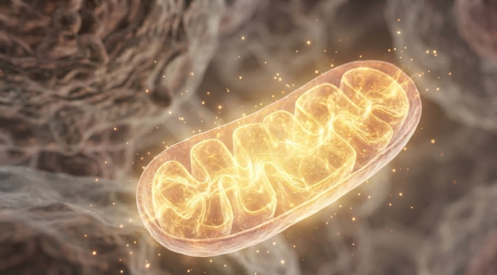 Radiant mitochondrion inside a human cell producing energy