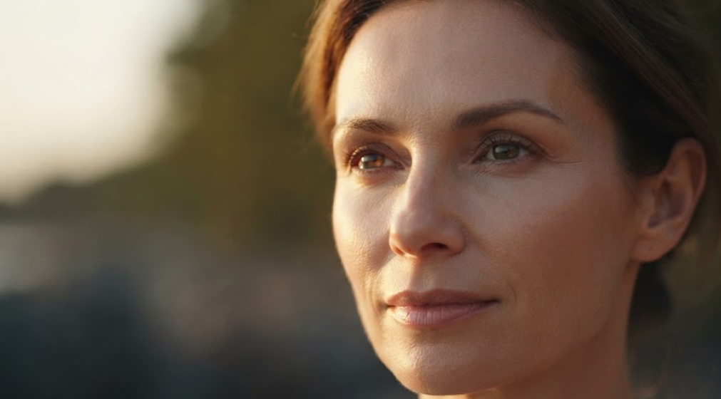 Naturally beautiful woman with firm skin looking outward in golden hour light