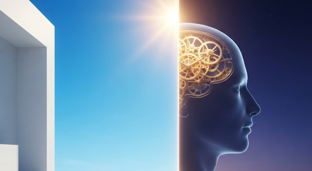 Conceptual split-screen image showing a bright blue midday sky on one side, and a stylized human head profile with a glowing mechanical clockwork brain on the other.