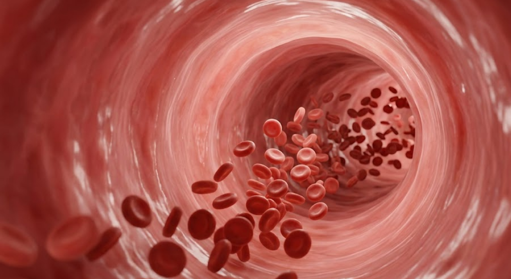 Inside view of a healthy, highly flexible human artery with unobstructed red blood cell flow and zero calcification.