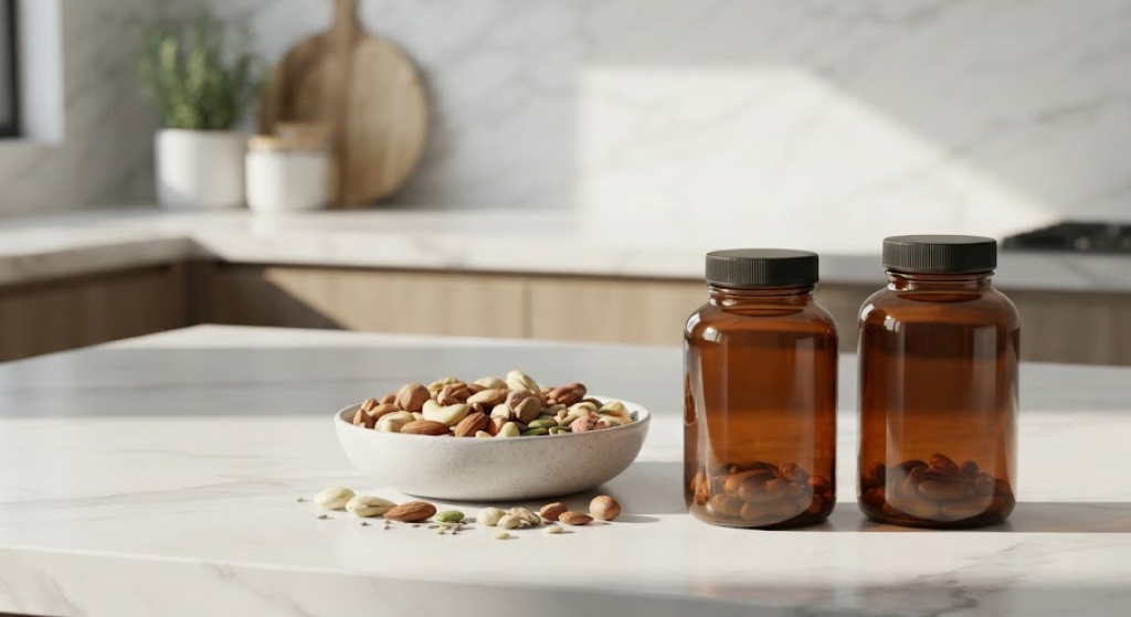 Commercial product shot of amber glass supplement bottles next to a bowl of nuts and seeds.