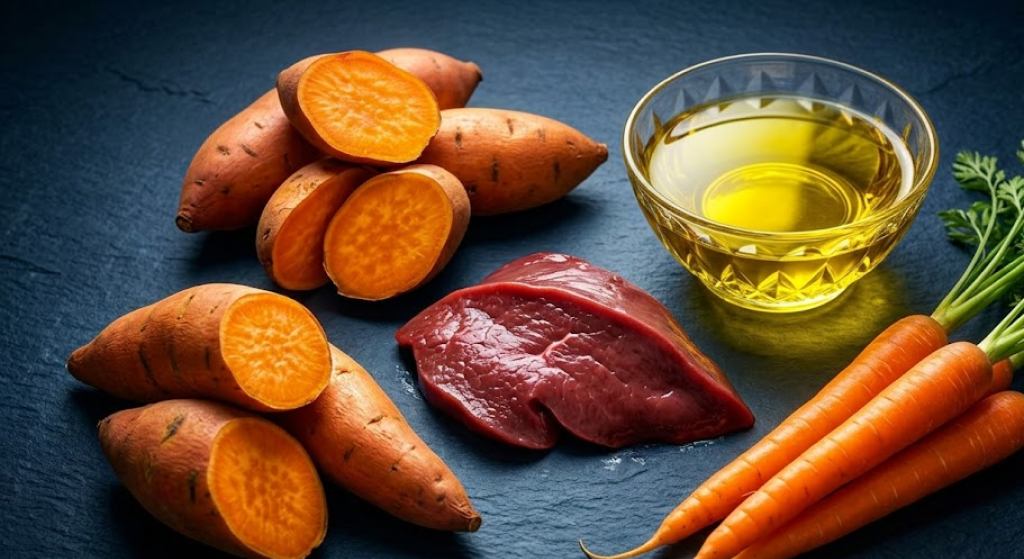 High-end display of beef liver, sweet potatoes, carrots, and olive oil representing optimal Vitamin A sources and bioavailability.