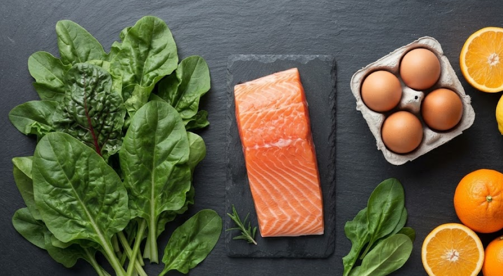 Flat-lay photograph of wholesome foods including leafy greens, salmon, eggs, and citrus fruits on slate.