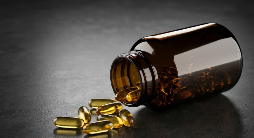 An unlabelled dark amber glass supplement bottle spilling clear golden oil-based softgel capsules onto a dark slate surface.