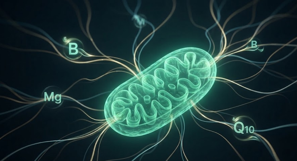 A conceptual digital art piece showing a glowing emerald mitochondrion at the center of a network of energy pathways.