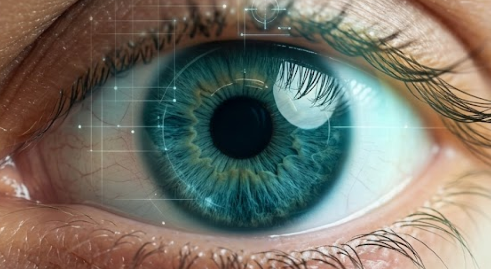Macro shot of a human eye with digital scanning overlay, representing eye health and vitamin deficiencies.
