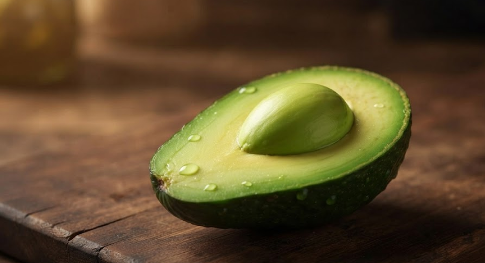A ripe avocado cut in half on a dark wooden board, showing vibrant green flesh and the pit.
