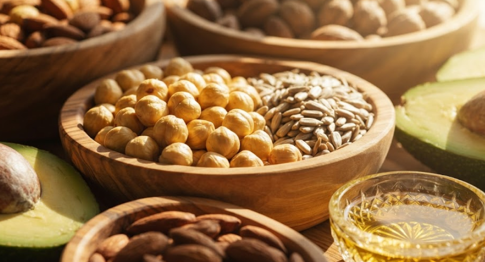 Wooden bowls filled with organic nuts and seeds like hazelnuts and almonds