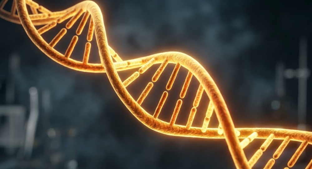 Glowing double helix DNA strand suspended in a dark laboratory environment.