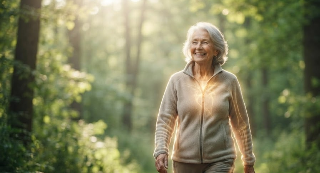 Active senior walking in nature symbolizing internal vitality