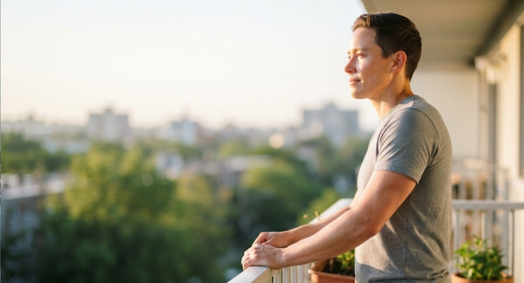 A person in casual clothes standing on an apartment balcony during the golden hour, facing the rising sun and smiling, with blurred green trees in the background.
