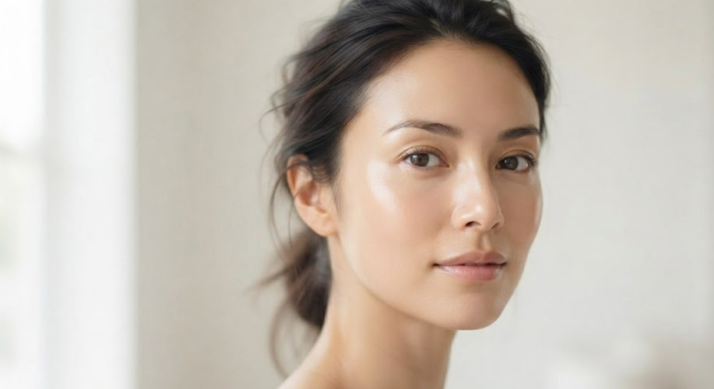 A portrait of a woman with clear, glowing, healthy skin.