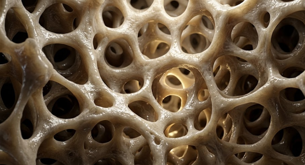 Extreme close-up of a strong, dense trabecular bone lattice structure glowing with internal health.