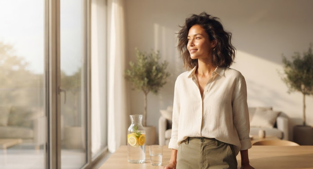 Energetic person in a sunlit modern wellness space