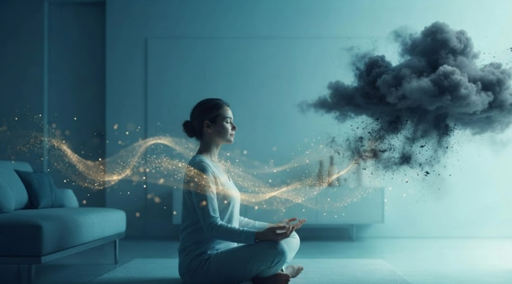 Person meditating with cortisol stress clouds dissipating into calm energy.