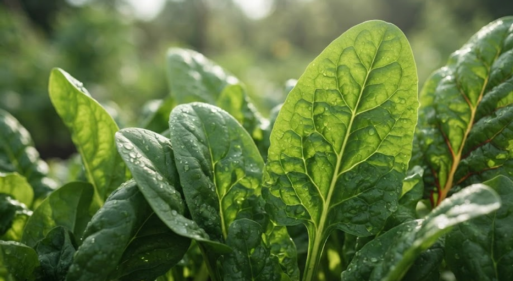 Detailed macro shot of fresh green spinach and chard leaves glistening with morning dew.