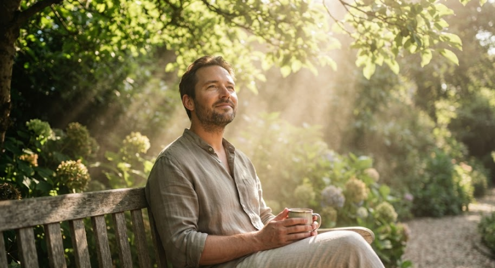 A person relaxing on a wooden bench in a lush, tranquil garden at midday, with soft, warm sunlight filtering through green leaves, creating a natural haze.