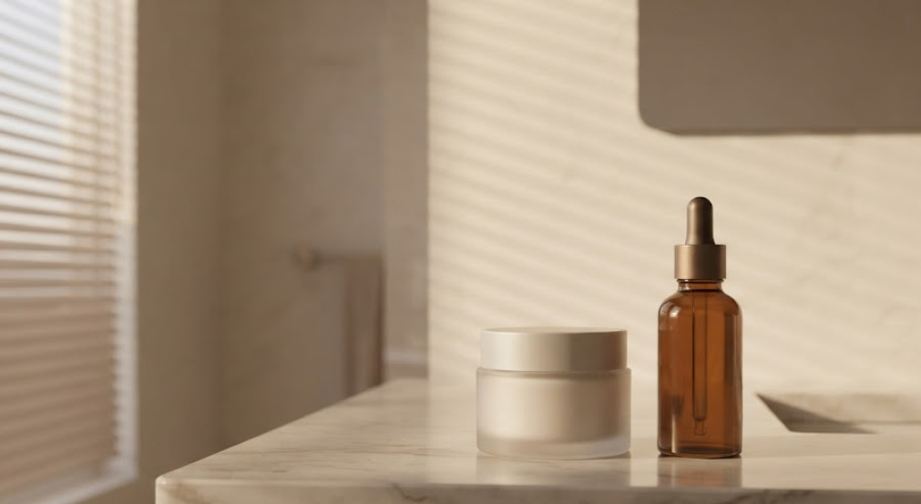 Minimalist bathroom vanity with skincare bottles in warm morning light