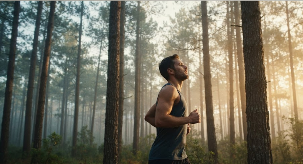 athletic runner taking a deep breath in a misty forest during golden hour, symbolizing oxygenation