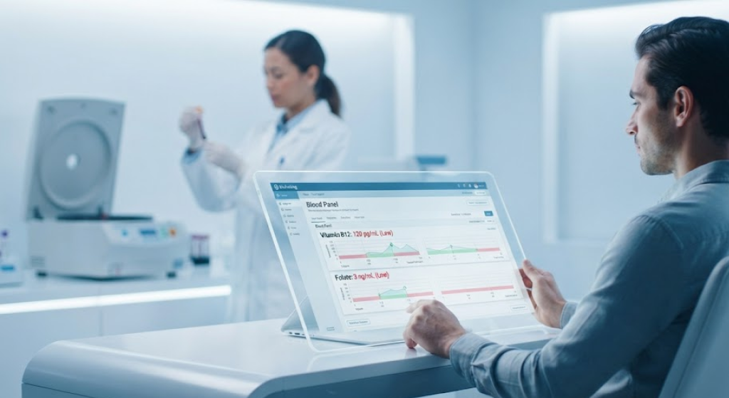 Digital tablet displaying low B12 and folate blood test results