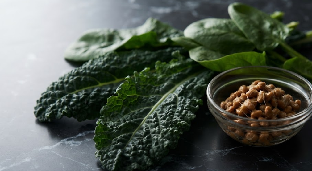 Fresh kale, spinach, and fermented natto presented on dark marble.