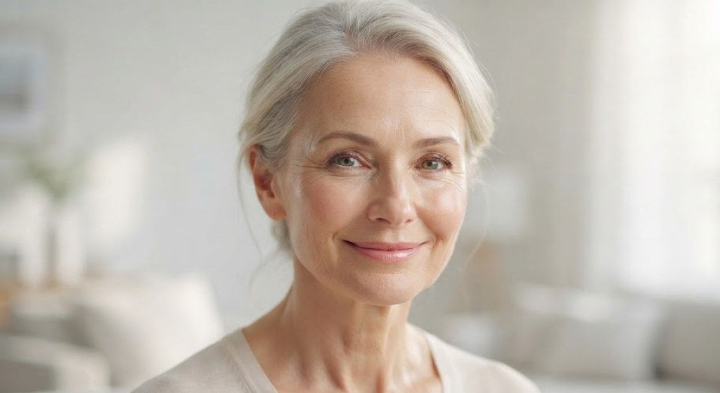 Graceful older woman with healthy, glowing, and firm skin smiling softly