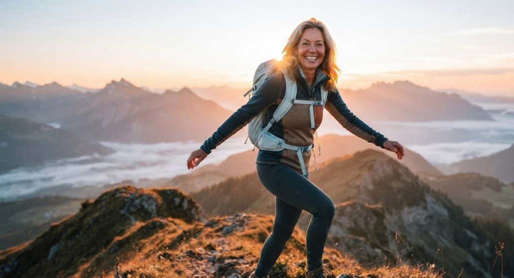 Energetic woman hiking on a mountain at sunrise
