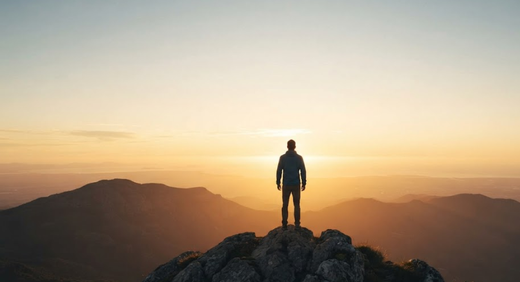 A lone figure standing on a mountain peak at sunrise, overlooking a vast, expansive landscape.