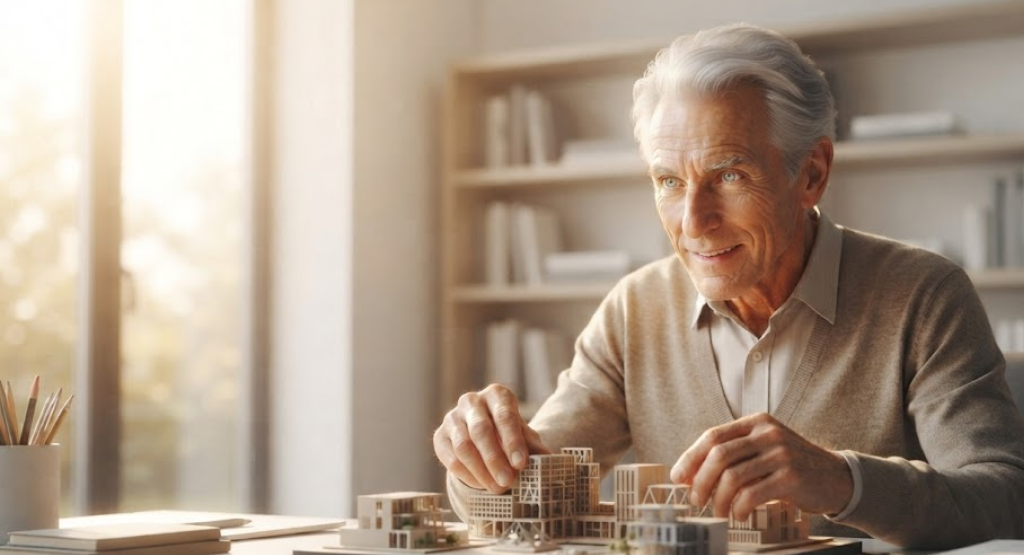 Energetic elderly person engaged in intellectual work to show healthy aging.