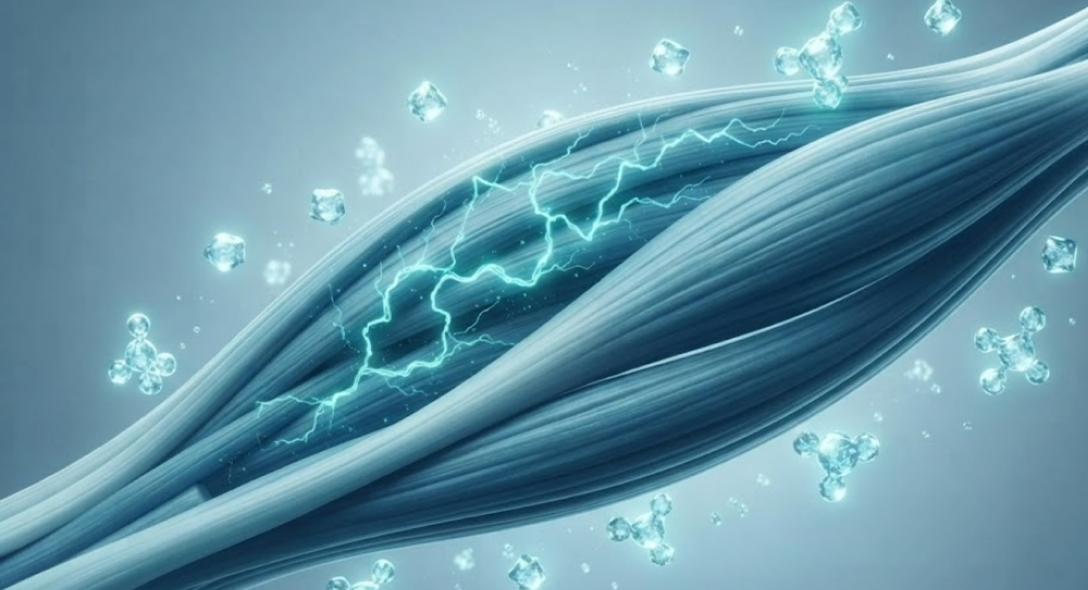 3D rendering of muscle fibers relaxing with crystalline magnesium structures.