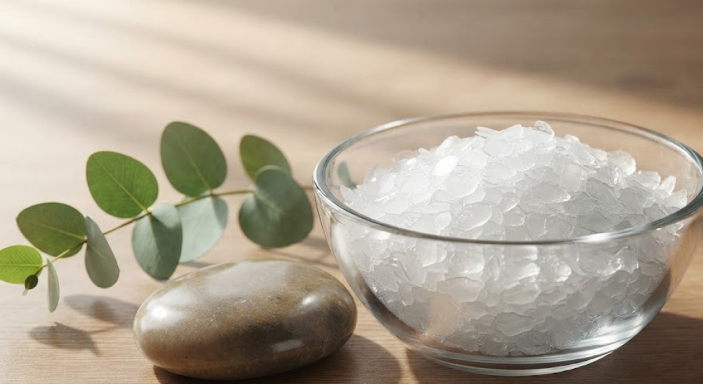glass bowl of translucent magnesium flakes with eucalyptus and river stone on wood