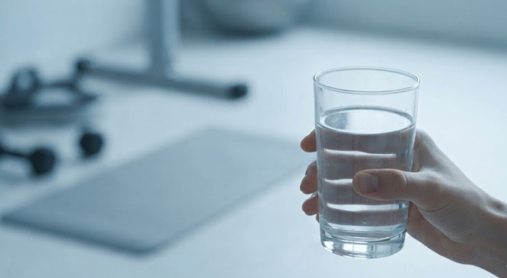 A hand holding a clear glass of clean, mineral-infused water in a minimalist setting with a yoga mat nearby.
