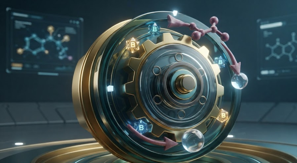 Complex 3D render of a biochemical gear mechanism turning smoothly, lubricated by glowing B-vitamin molecules.