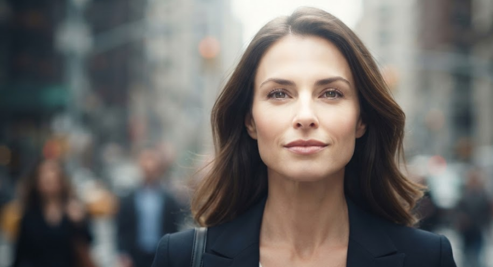 Confident woman walking through a bright urban setting as a protective shield