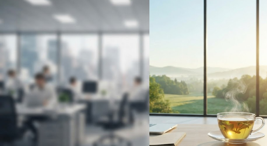 A split-screen image showing a blurry, chaotic office on the left and a serene morning landscape with herbal tea on the right.