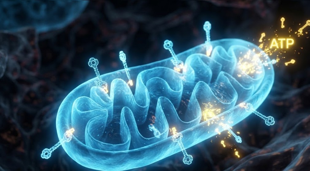 Hyper-realistic close-up of a stylized mitochondrion glowing blue and being unlocked by small B-vitamin molecules.