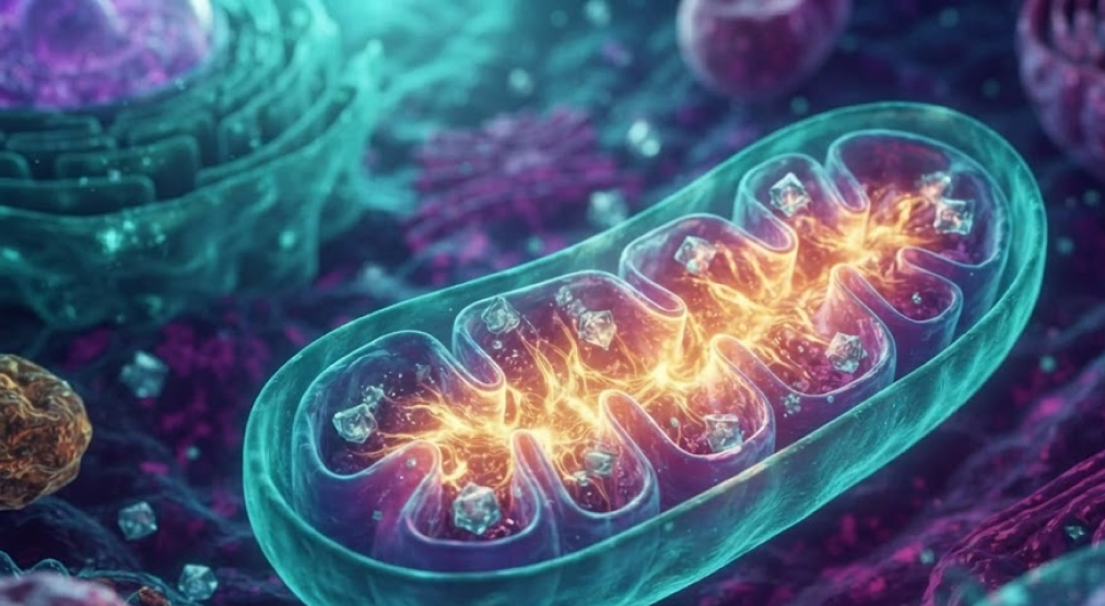 Ultra-macro view of a mitochondrion generating energy with magnesium crystals.