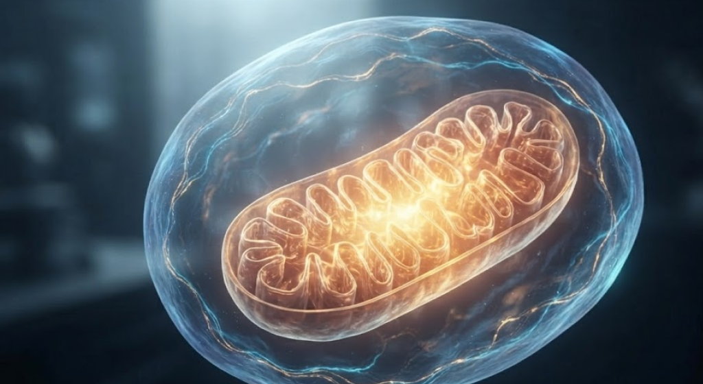 A healthy, glowing mitochondrion inside a human cell, representing energy.