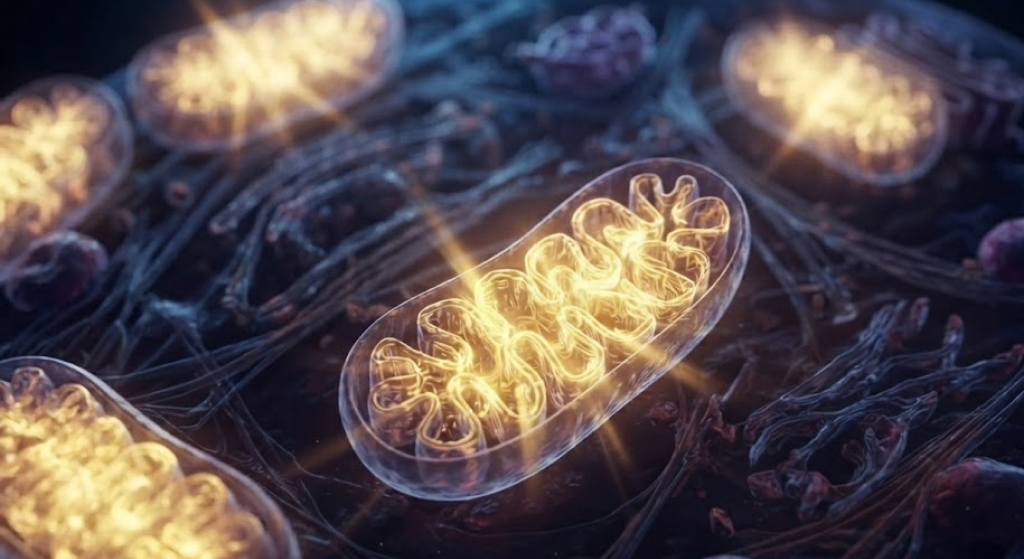 A detailed 3D rendering inside a human cell, showing multiple mitochondria glowing intensely with pulsing golden energy.