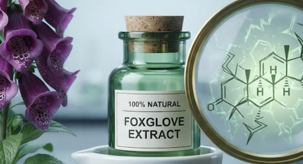 A beautiful but toxic purple foxglove plant next to a bottle labeled "100% Natural Extract," with a magnifying glass revealing a complex toxin diagram underneath the label.