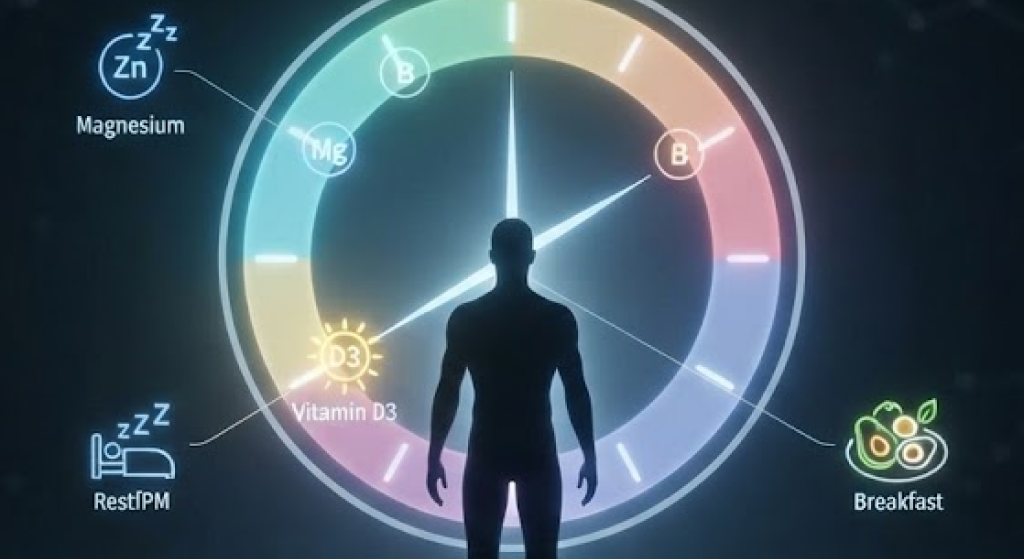 A human silhouette containing a glowing 24-hour clock face, with specific vitamin icons (like Vitamin D for morning) placed precisely at optimal times.