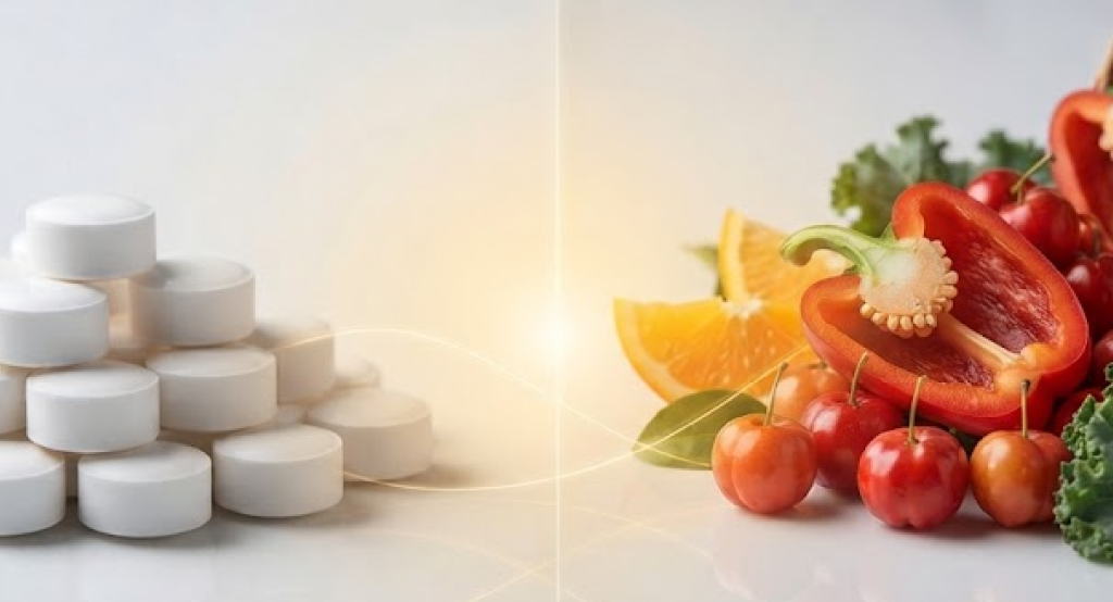A macro shot comparing a pile of uniform white synthetic tablets to a vibrant basket of fresh, organic whole foods like peppers and berries.